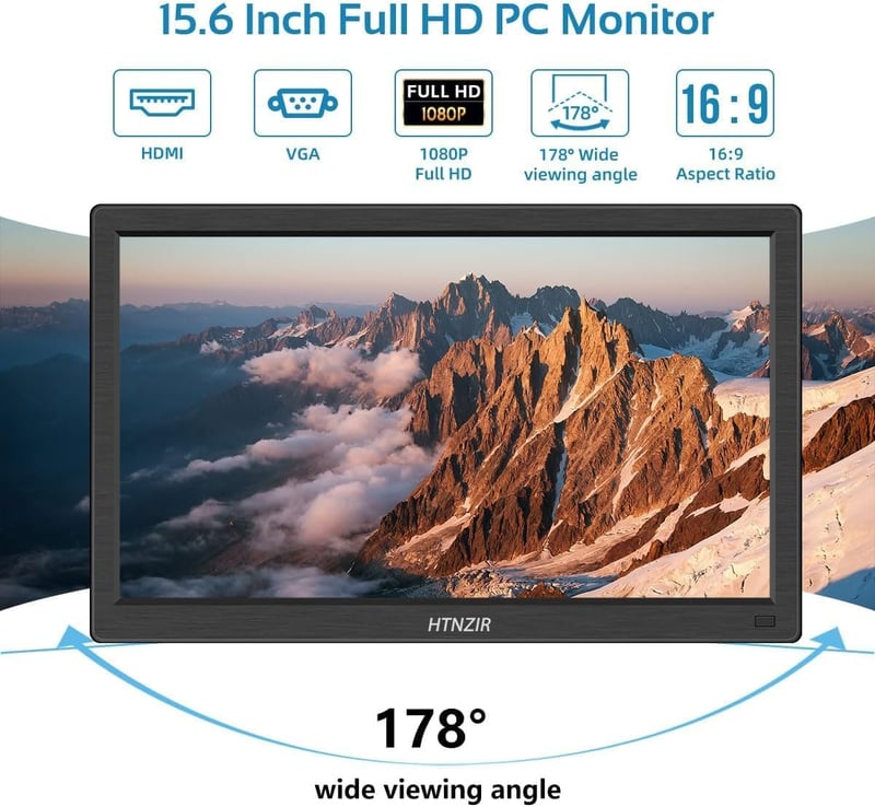 HTNZIR 15,6" Hordozható Monitor Full HD 1920x1080 Felbontással, 99% sRGB, Beépített Hangszórókkal, HDMI/VGA/BNC/AV/USB Csatlakozókkal, VESA - black