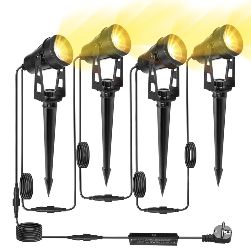 HUAEU vanjski LED vrtni reflektorski set, 4 komada, 14 m kabel, IP65 vodootporan, 3000K topla bijela, 12V, osvjetljenje za terase, staze, drveće i travnjake
