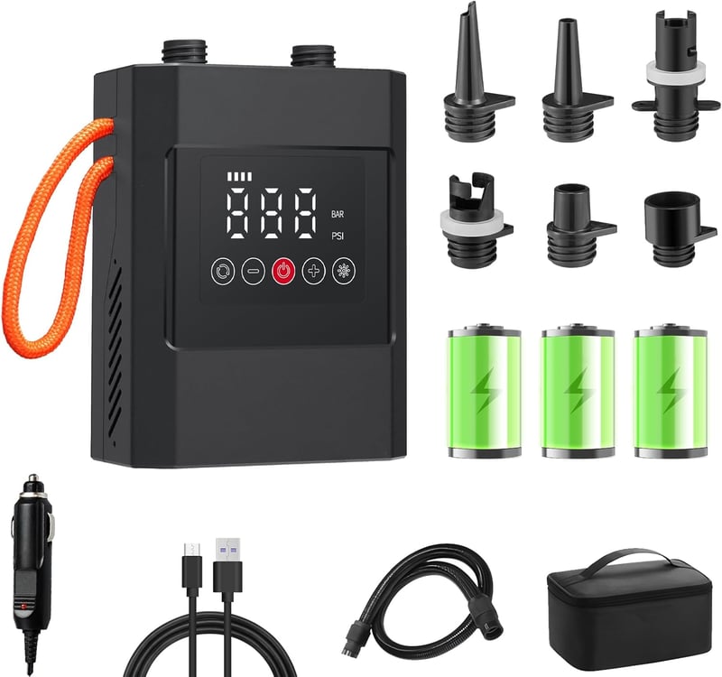 HUAJUN 12000 mAh elektromos pumpa 6 fúvókával, SUP táblához, kajak és matrac felfújásához