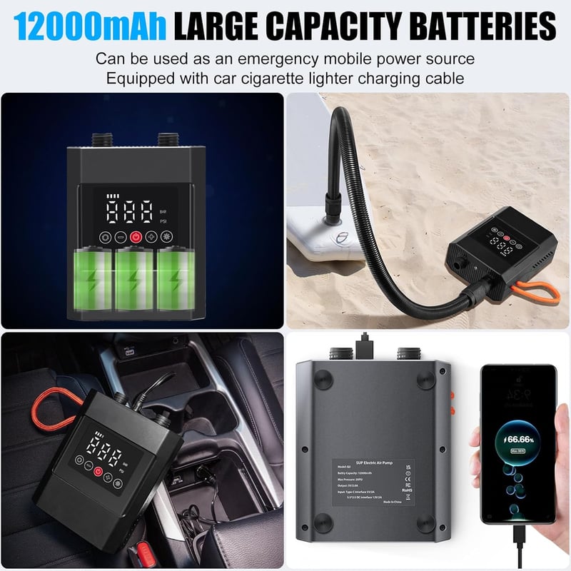 HUAJUN 12000 mAh elektromos pumpa 6 fúvókával, SUP táblához, kajak és matrac felfújásához