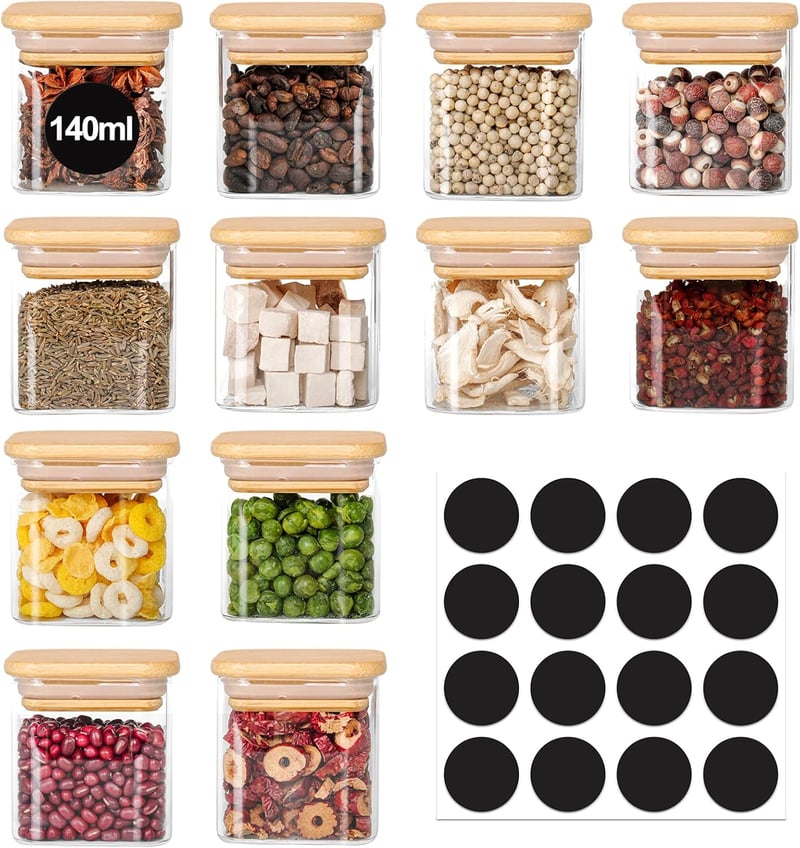 HUALIANG 12 darabos fűszertartó szett 140 ml fa tetővel és címkékkel