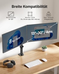 HUANUO držiak na dva monitory pre obrazovky 13-30 palcov, rameno pre dva monitory s možnosťou naklonenia a otočenia, nosnosť 10 kg na rameno, VESA 75/100 2