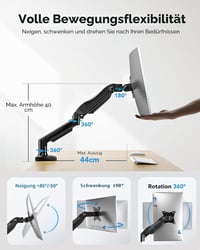 HUANUO fekete gázrugós monitor tartó 17-30 inch LCD LED kijelzőhöz, 360 fokos forgatás, VESA 75/100, 2 rögz 4