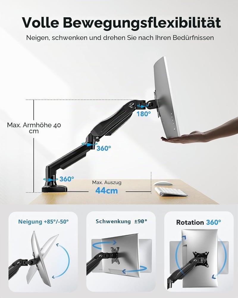 HUANUO fekete gázrugós monitor tartó 17-30 inch LCD LED kijelzőhöz, 360 fokos forgatás, VESA 75/100, 2 rögz