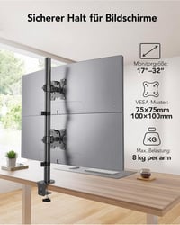 HUANUO duálny vertikálny stojan na monitory, stohovateľný držiak pre 2 monitory, pre obrazovky s uhlopriečkou 17 – 32 palcov, s nastavením výšky, max. 8 kg, upevnenie pomocou C-svorky a priechodky cez stôl 2