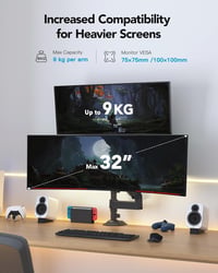 Suport monitor dublu HUANUO pentru ecrane de 13-32 inch, braț monitor reglabil pe înălțime cu capacitate de încărcare de 9 kg, compatibil VESA 75/100mm 2