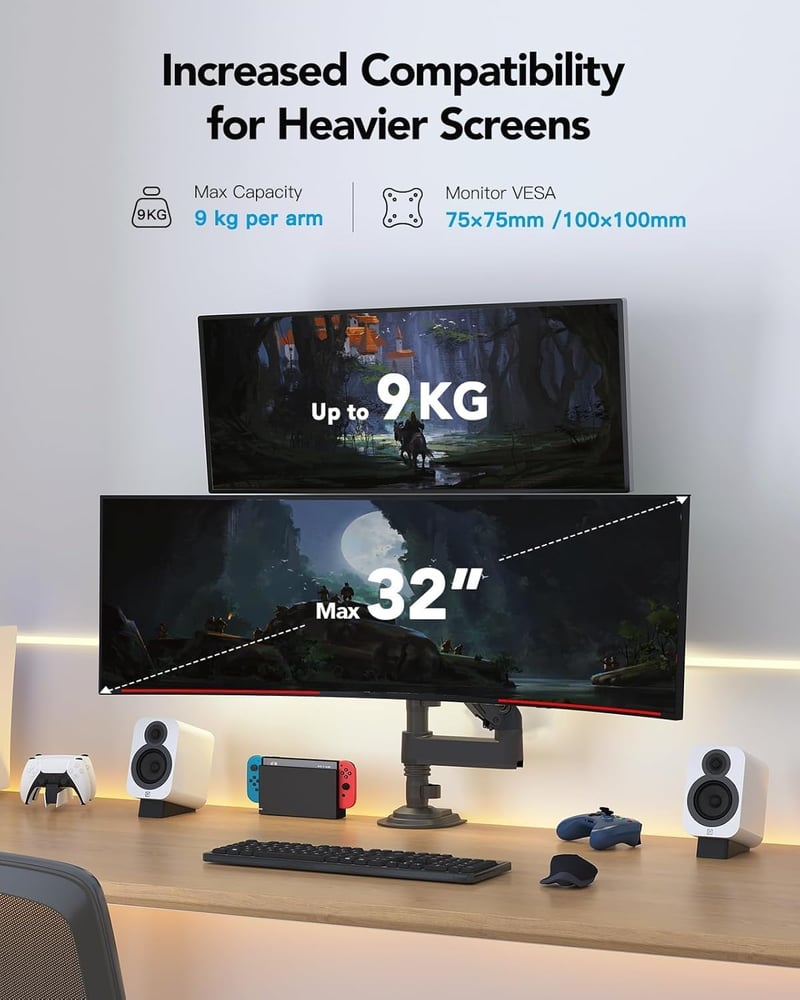 Suport monitor dublu HUANUO pentru ecrane de 13-32 inch, braț monitor reglabil pe înălțime cu capacitate de încărcare de 9 kg, compatibil VESA 75/100mm