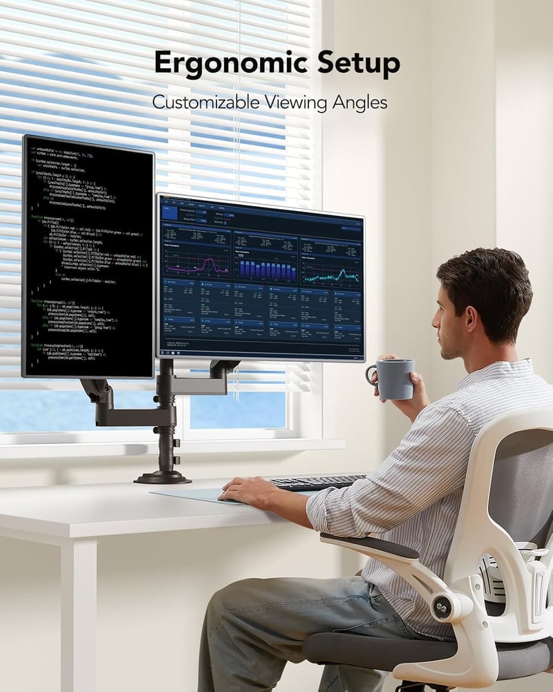 Suport monitor dublu HUANUO pentru ecrane de 13-32 inch, braț monitor reglabil pe înălțime cu capacitate de încărcare de 9 kg, compatibil VESA 75/100mm