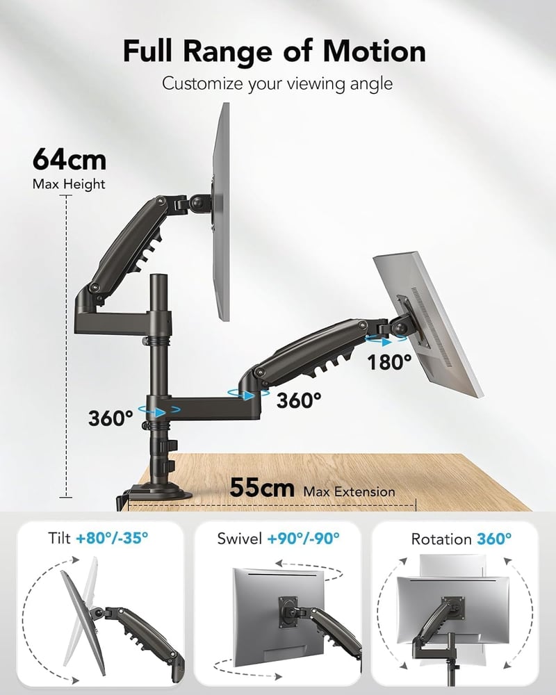 Suport monitor dublu HUANUO pentru ecrane de 13-32 inch, braț monitor reglabil pe înălțime cu capacitate de încărcare de 9 kg, compatibil VESA 75/100mm