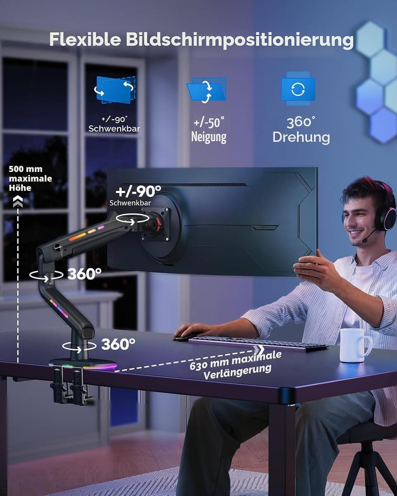 HUANUO RGB Monitor tartó ultrawide 49" kijelzőhöz, 20kg terhelhetőség