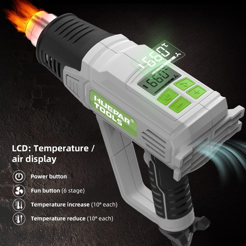 Huepar Tools 2300W digitális hőlégfúvó 50-660°C, 10 kiegészítővel, kerámia fűtőelem
