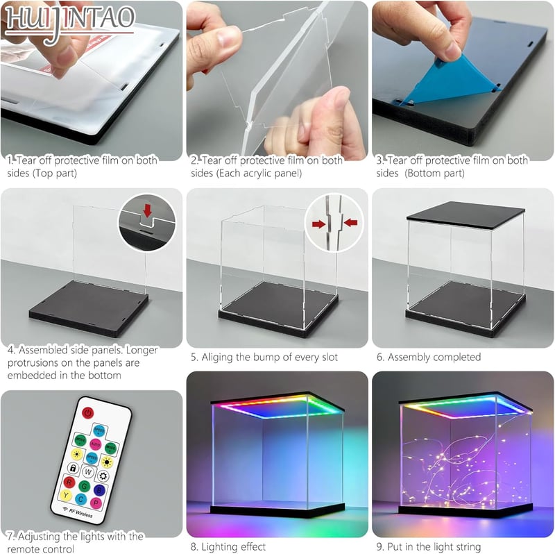 Huijintao Akril Vitrin LED Világítással - 35x35x35 cm Átlátszó Kiállítódoboz Modellautókhoz, Figurákhoz, Gyűjteményekhez - Asztali Tárolódob