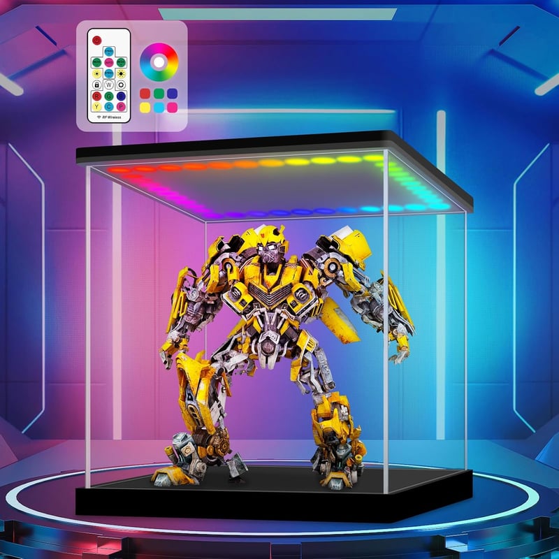 Huijintao Akril Vitrin LED Világítással - 35x35x35 cm Átlátszó Kiállítódoboz Modellautókhoz, Figurákhoz, Gyűjteményekhez - Asztali Tárolódob