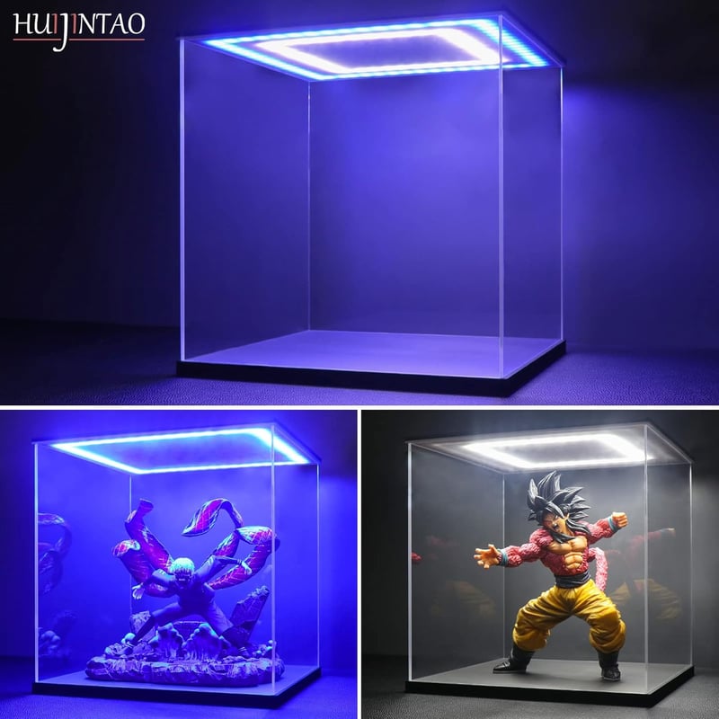 Huijintao Akril Vitrin Modellautókhoz és Figurákhoz LED Világítással - 35x35x35 cm Átlátszó Kiállítási Doboz Gyűjteményekhez Asztali Elhelye