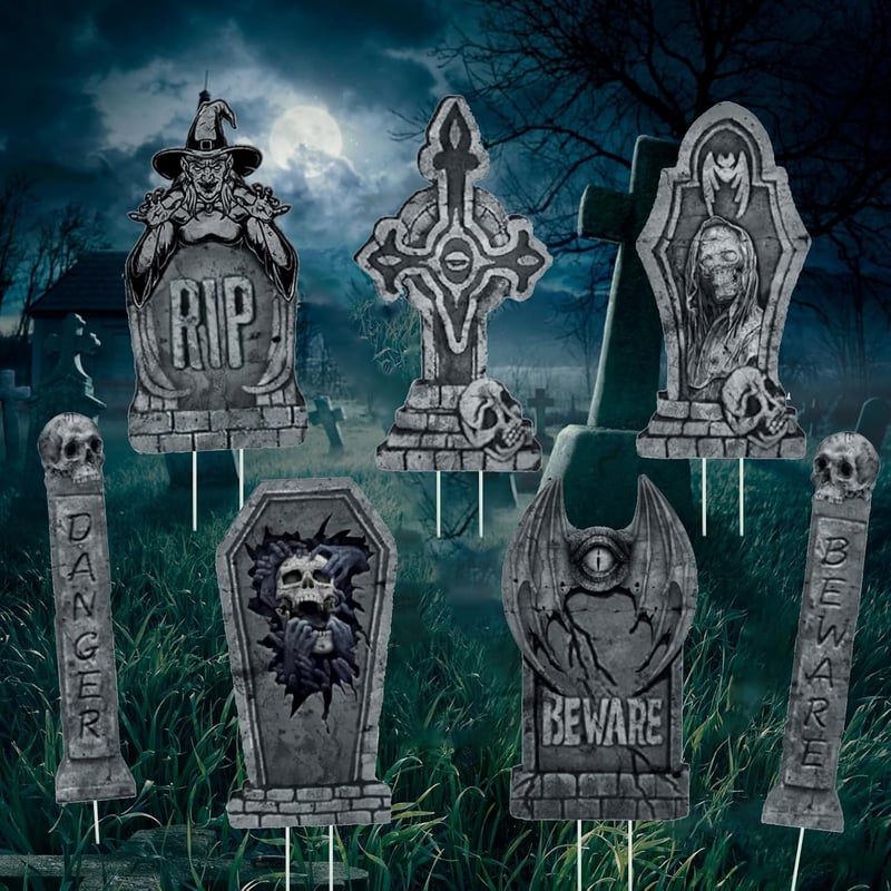 HUIKUANGEU Halloween Sírkő Dekoráció Szett - 7 db Habszivacs Síremlék Kerti Díszítés Temetői Hangulathoz - Gótikus Stílusú Fekete RIP Sírfel