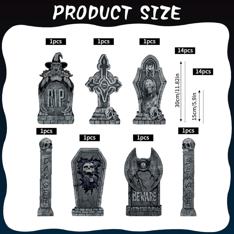 HUIKUANGEU Halloween Sírkő Dekoráció Szett - 7 db Habszivacs Síremlék Kerti Díszítés Temetői Hangulathoz - Gótikus Stílusú Fekete RIP Sírfel