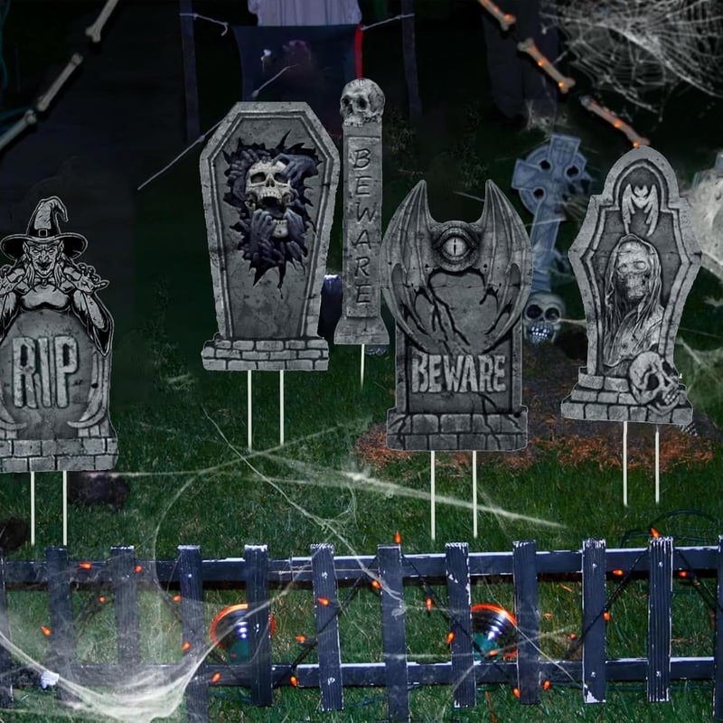 HUIKUANGEU Halloween Sírkő Dekoráció Szett - 7 db Habszivacs Síremlék Kerti Díszítés Temetői Hangulathoz - Gótikus Stílusú Fekete RIP Sírfel