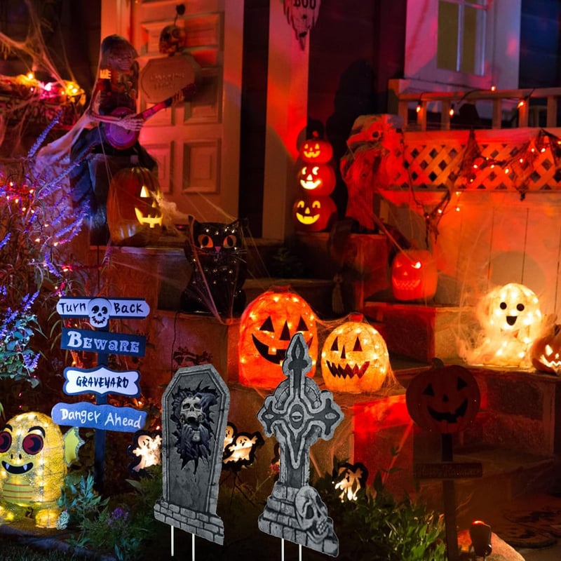 HUIKUANGEU Halloween Sírkő Dekoráció Szett - 7 db Habszivacs Síremlék Kerti Díszítés Temetői Hangulathoz - Gótikus Stílusú Fekete RIP Sírfel