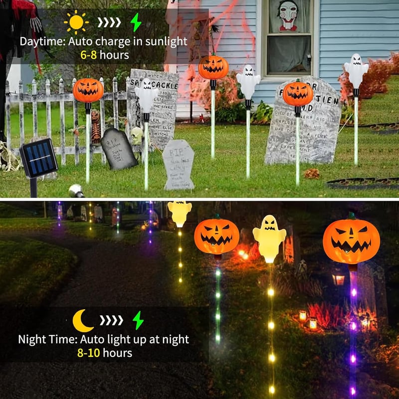 HUIKUANGEU Halloween Tök Szellem Napelemes Kerti Lámpa - Kültéri Világítás Dekoráció Kísérteties Hangulathoz - Energiatakarékos PVC Lámpás