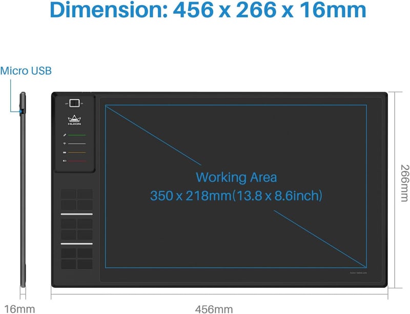 HUION WH1409 Vezeték Nélküli Grafikus Rajztábla 8192 Nyomásérzékenységi Szinttel, 12 Gyorsgombbal, Nagy Méretű, Windows és Mac Kompatibilis - WH1409, 2.4 GHz Wireless