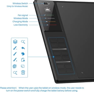 HUION WH1409 Bežični grafički tablet s 8192 razine osjetljivosti na pritisak, 12 brzih tipki, velikom površinom, kompatibilan s Windowsima i Macom