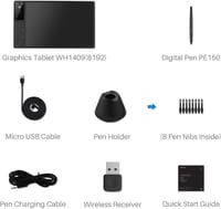 HUION WH1409 Vezeték Nélküli Grafikus Rajztábla 8192 Nyomásérzékenységi Szinttel, 12 Gyorsgombbal, Nagy Méretű, Windows és Mac Kompatibilis - WH1409, 2.4 GHz Wireless 8
