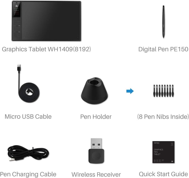 HUION WH1409 Vezeték Nélküli Grafikus Rajztábla 8192 Nyomásérzékenységi Szinttel, 12 Gyorsgombbal, Nagy Méretű, Windows és Mac Kompatibilis - WH1409, 2.4 GHz Wireless
