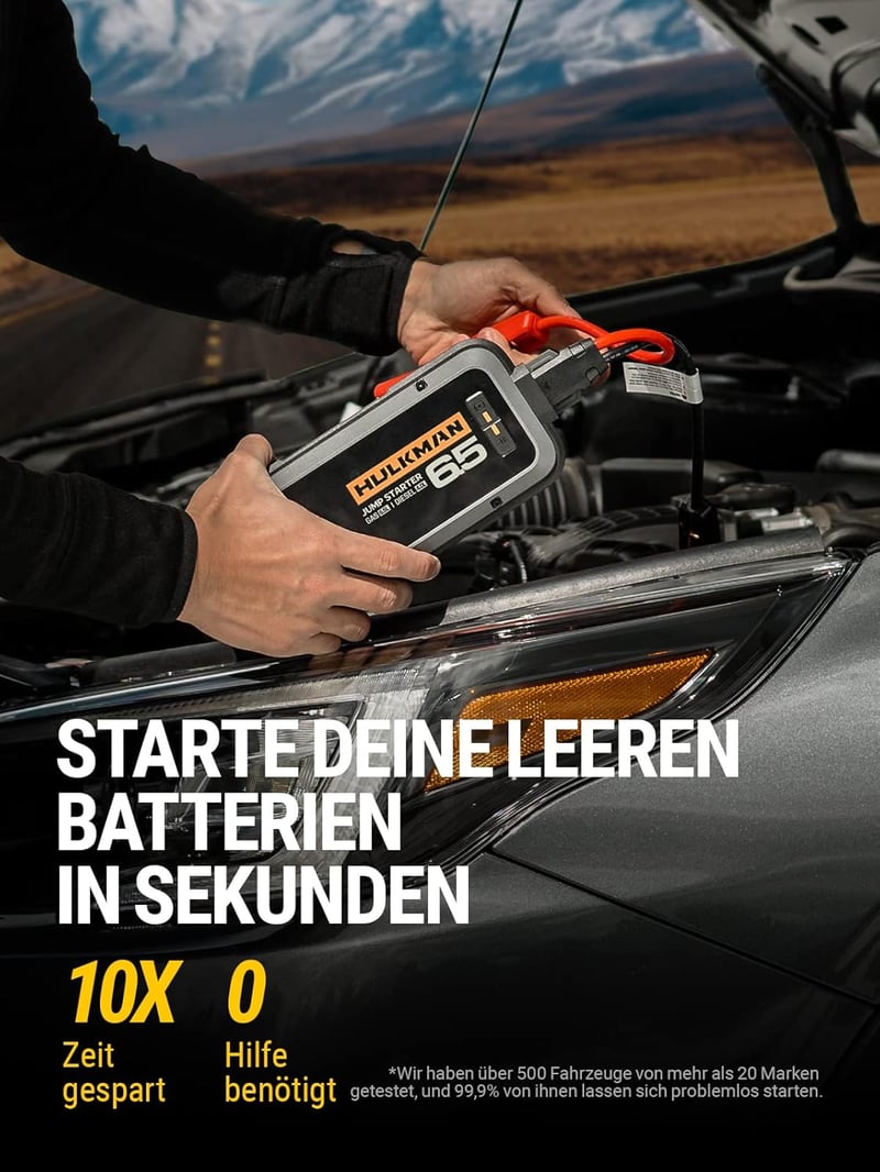 HULKMAN Alpha 65 Autós Indításrásegítő Powerbank 1200A 12000mAh - 6.5L Benzin/4.0L Dízel Motorokhoz, Teljesen Lemerült Akkumulátorhoz, IP65 