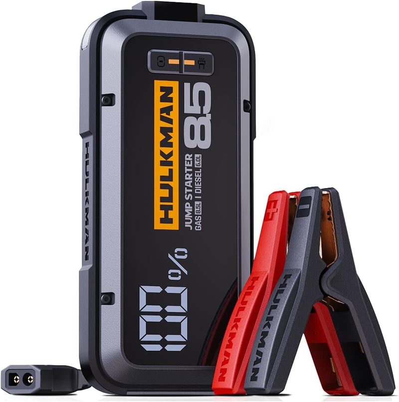 HULKMAN Alpha85 Hordozható Autó Bikázó 2000A 2000mAh - Nagy LED Kijelzős Indításrásegítő 12V Akkumulátorokhoz (8.5L+ Benzin/6L+ Dízel)