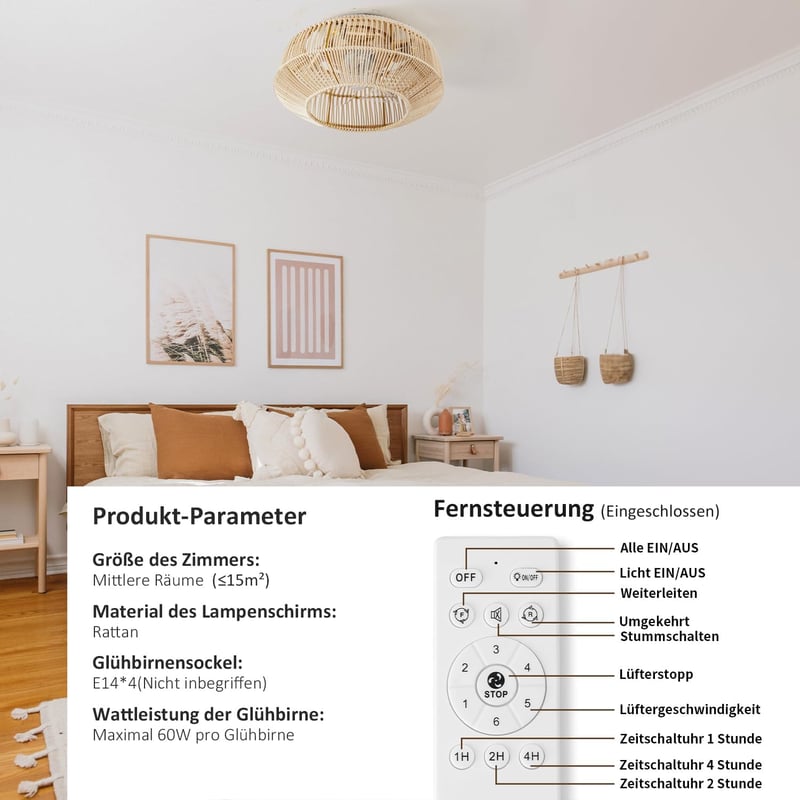 hummst Bambusz Mennyezeti Ventilátor Lámpával, Távirányítóval, 40 cm, 6 Fokozat