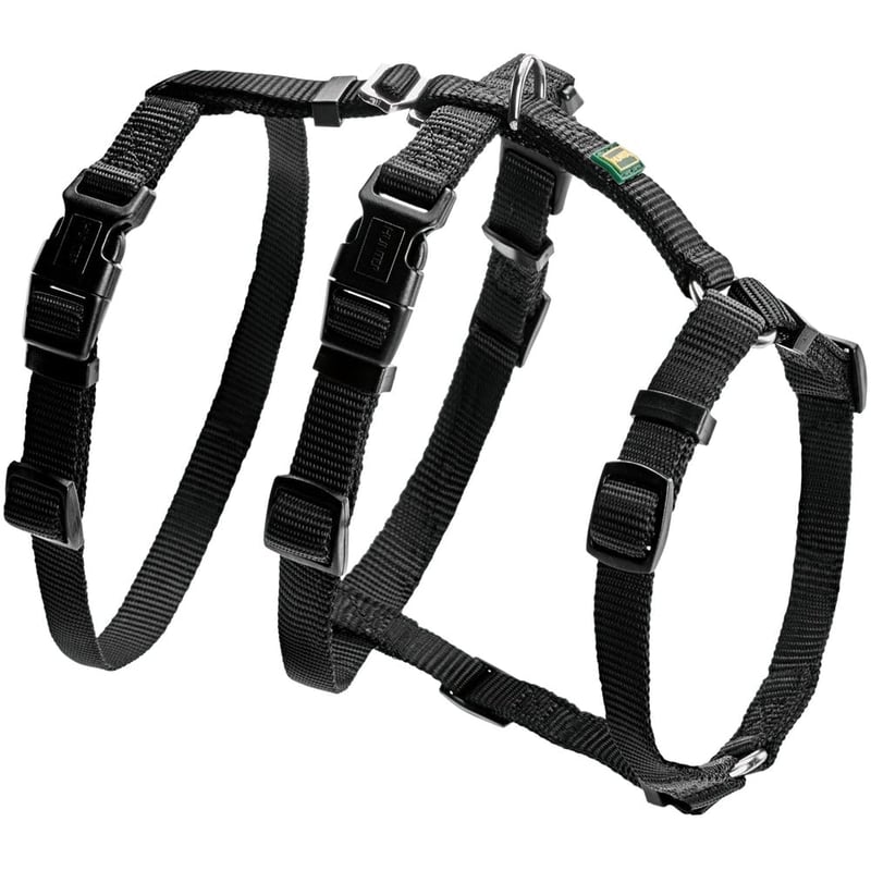 Ham pentru câini HUNTER Vario Rapid cu închidere de siguranță anti-panică și chinstrap suplimentar, anti-evadare, reglabil, poate fi utilizat și ca ham în formă de Y, negru, mărimea S-M