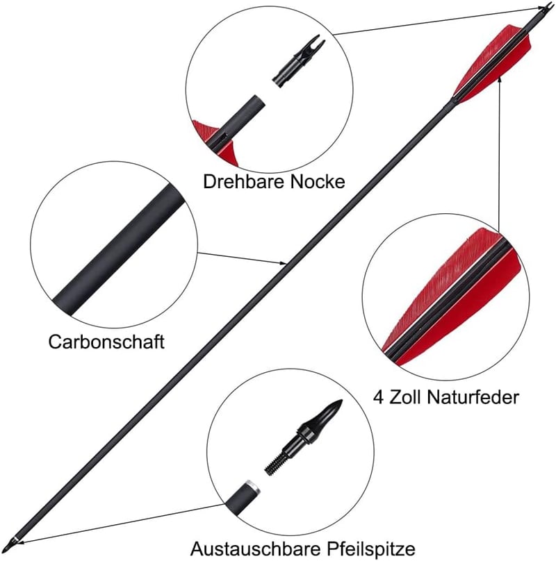 Huntingdoor 12 db Karbon Nyílvessző 30 Inch (76 cm) - Vadászíjhoz, Reflex Íjhoz és Csigás Íjhoz - Tollas Végű Felnőtt Célvesszők