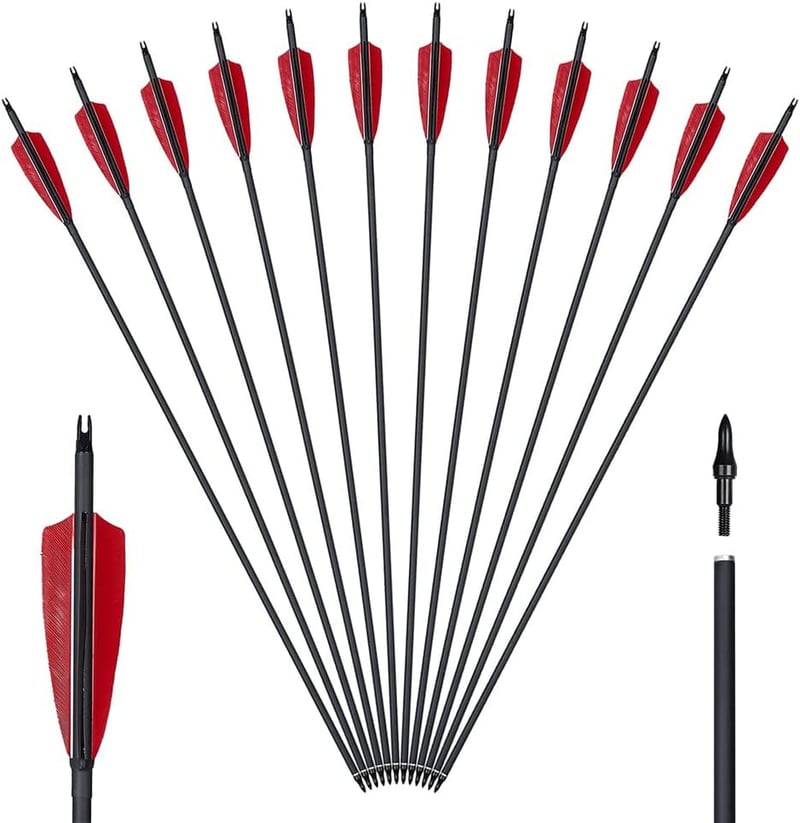 Huntingdoor 12 db Karbon Nyílvessző 30 Inch (76 cm) - Vadászíjhoz, Reflex Íjhoz és Csigás Íjhoz - Tollas Végű Felnőtt Célvesszők