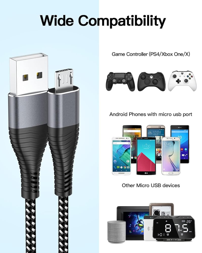 HUNYYN Extra Long Micro USB töltőkábel PS4/Xbox One kontrollerhez 2db