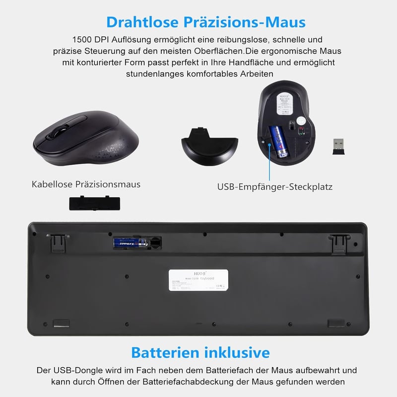 HUO JI Vezeték Nélküli Billentyűzet és Egér Szett Windows Mac Számítógéphez, QWERTY Kiosztás, 2.4G Ergonomikus Teljes Méret, Csendes Fekete