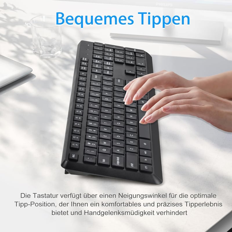 HUO JI Vezeték Nélküli Billentyűzet és Egér Szett Windows Mac Számítógéphez, QWERTY Kiosztás, 2.4G Ergonomikus Teljes Méret, Csendes Fekete