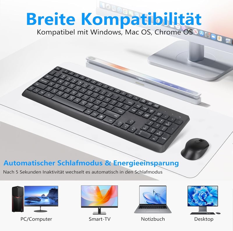 HUO JI Vezeték Nélküli Billentyűzet és Egér Szett Windows Mac Számítógéphez, QWERTY Kiosztás, 2.4G Ergonomikus Teljes Méret, Csendes Fekete