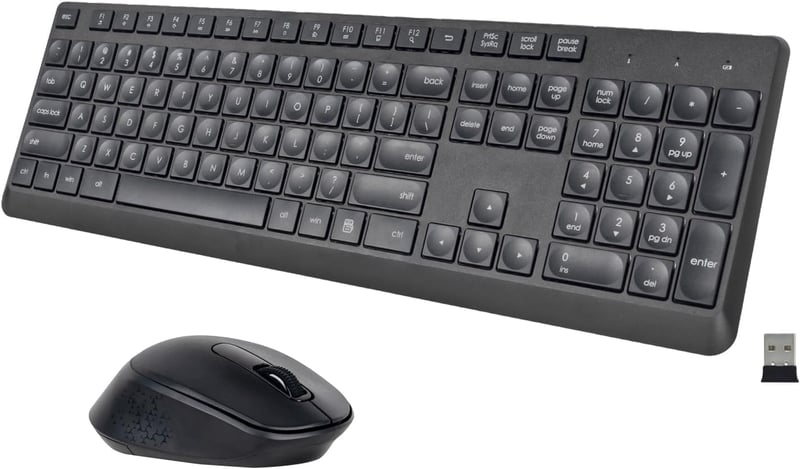 HUO JI Vezeték Nélküli Billentyűzet és Egér Szett Windows Mac Számítógéphez, QWERTY Kiosztás, 2.4G Ergonomikus Teljes Méret, Csendes Fekete