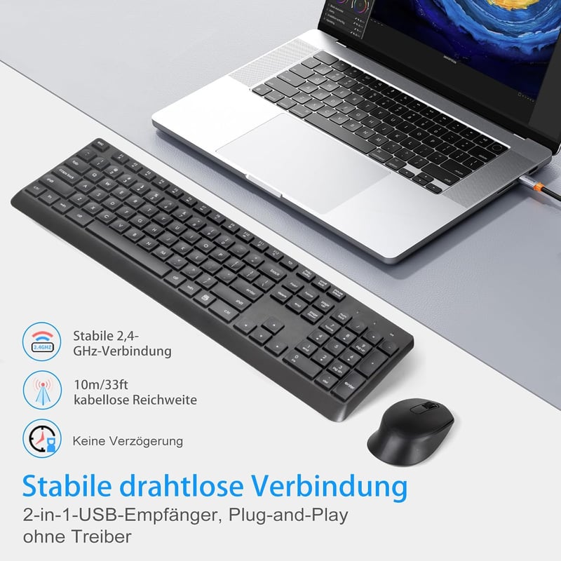 HUO JI Vezeték Nélküli Billentyűzet és Egér Szett Windows Mac Számítógéphez, QWERTY Kiosztás, 2.4G Ergonomikus Teljes Méret, Csendes Fekete