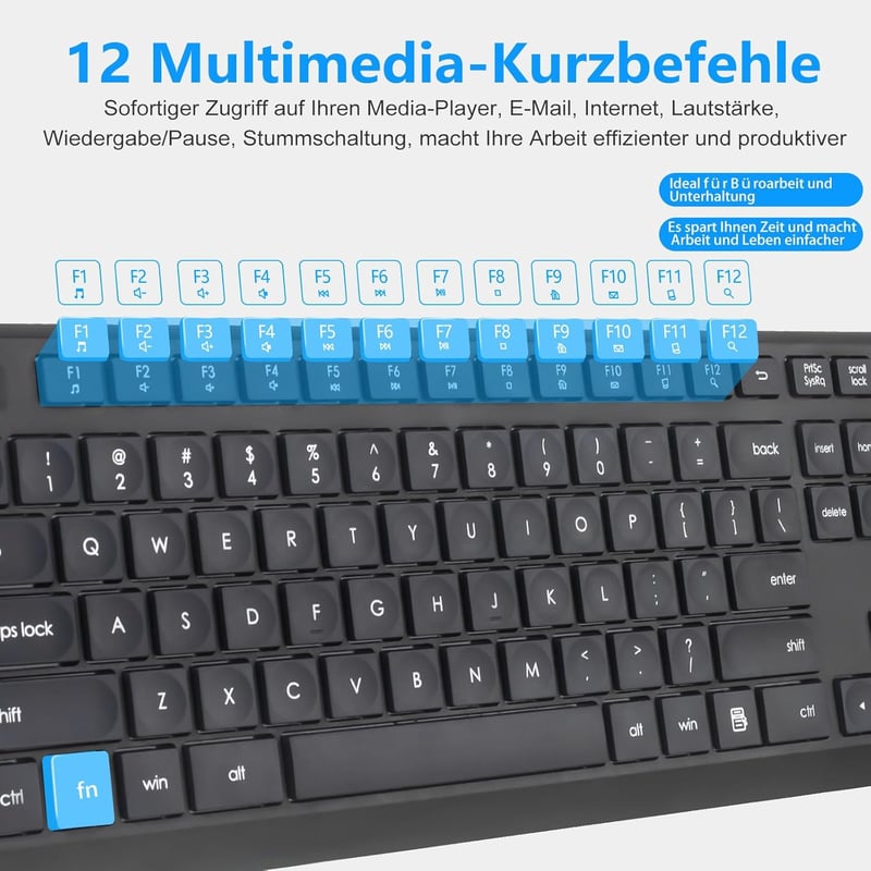 HUO JI Vezeték Nélküli Billentyűzet és Egér Szett Windows Mac Számítógéphez, QWERTY Kiosztás, 2.4G Ergonomikus Teljes Méret, Csendes Fekete