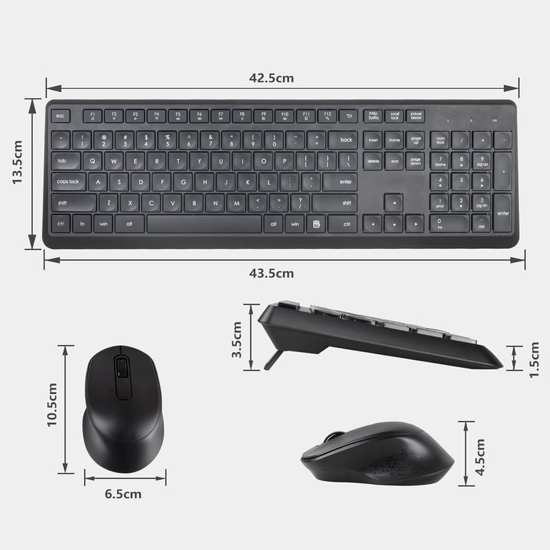 HUO JI Vezeték Nélküli Billentyűzet és Egér Szett Windows Mac Számítógéphez, QWERTY Kiosztás, 2.4G Ergonomikus Teljes Méret, Csendes Fekete