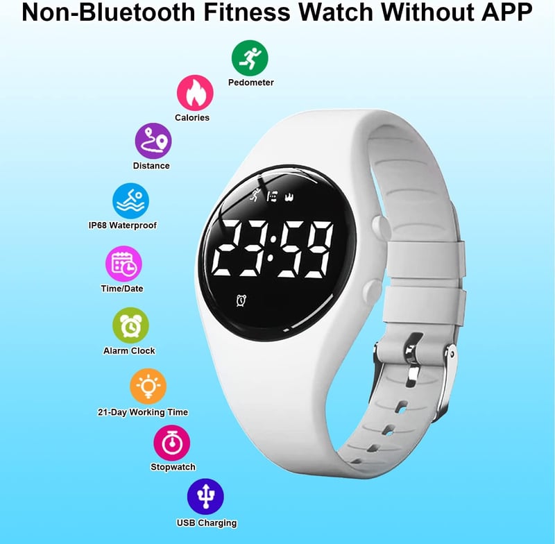 HUYVMAY Fitnesz okosóra fehér szíjjal lépésszámlálóval, kalóriaidőzítő és ébresztő, IP68 vízálló, app és Bluetooth nélkül női