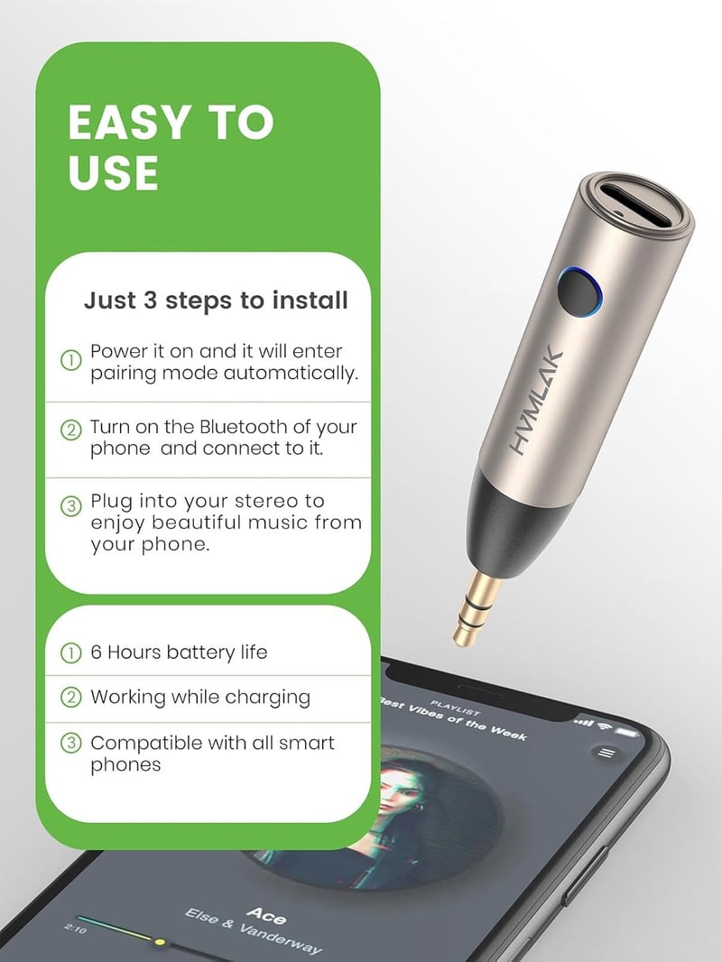 HVMLAK Bluetooth 5.3 Aux Adapter 3.5 mm Jack Csatlakozóval - Autós Kihangosító és Zenelejátszó, 6 Órás Akkumulátor, Kompakt Fém Ház