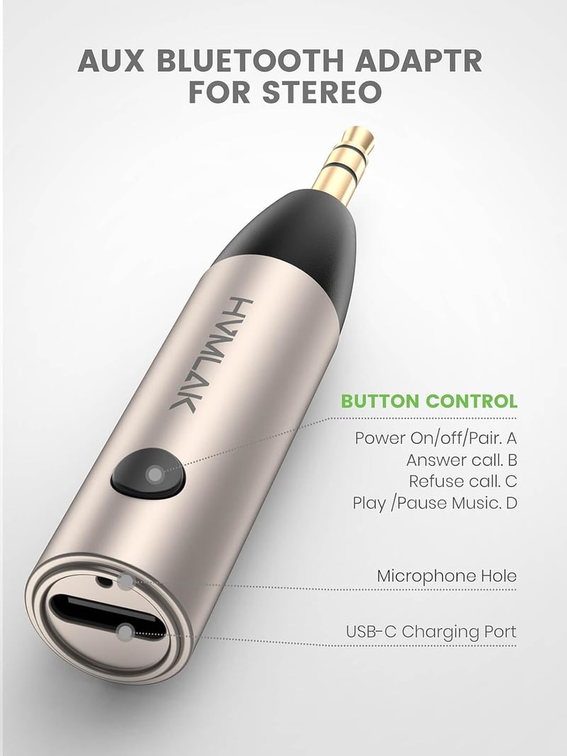 HVMLAK Bluetooth 5.3 Aux Adapter 3.5 mm Jack Csatlakozóval - Autós Kihangosító és Zenelejátszó, 6 Órás Akkumulátor, Kompakt Fém Ház