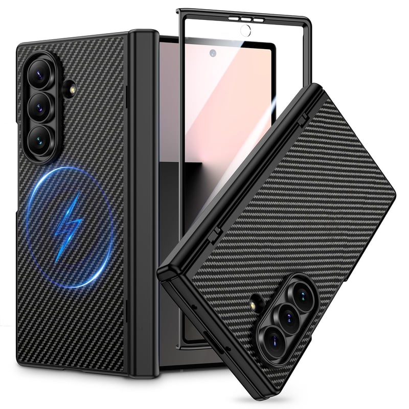 Puzdro HWeggo pre Samsung Galaxy Z Fold 7 – Magnetický, tenký ochranný kryt z PU kože, s ochranou pántu, karbónová čierna, podpora bezdrôtového nabíjania