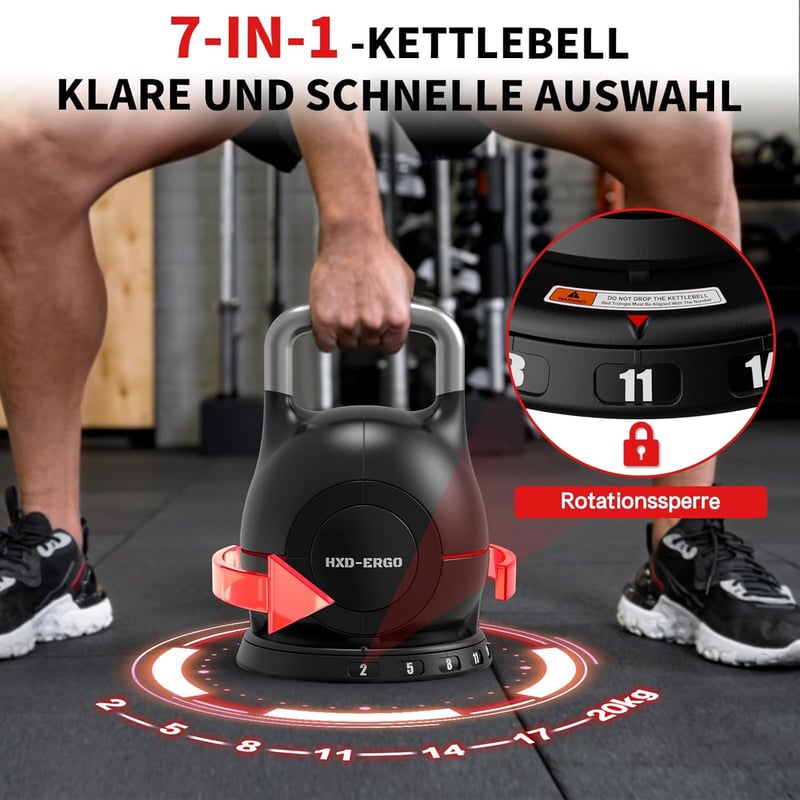 HXD-ERGO 7 az 1-ben állítható kettlebell szett 2-20 kg alumínium fogantyúval