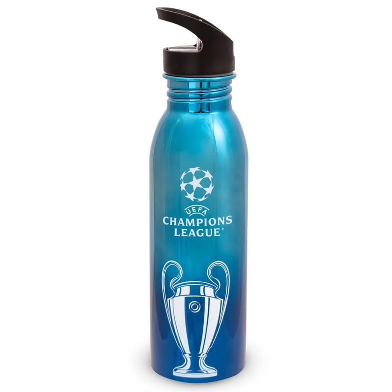 Hliníková fľaša na vodu Hy-Pro UEFA Liga majstrov 700 ml so skladateľnou slamkou, nepriepustná, ľahká, s metalickým dizajnom typu fade