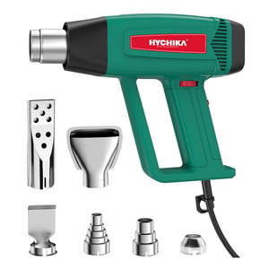 Set pistol cu aer cald HYCHIKA 1800W, temperatură reglabilă continuu 60°C-600°C, protecție la suprasarcină, cu 6 duze, pentru îndepărtarea vopselei
