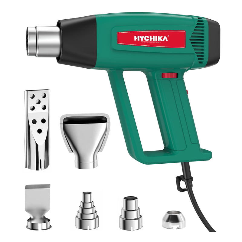 Teplovzdušná pištoľ HYCHIKA 1800W, plynulá regulácia teploty 60°C – 600°C, ochrana proti preťaženiu, 6 trysiek, odstraňovač farieb
