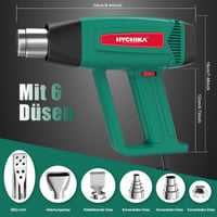 Teplovzdušná pištoľ HYCHIKA 1800W, plynulá regulácia teploty 60°C – 600°C, ochrana proti preťaženiu, 6 trysiek, odstraňovač farieb 7